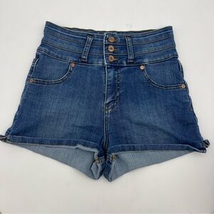 GUESS Women’s High Rise 3 Button Copper Blue Jean Shorts Medium Wash Size 25